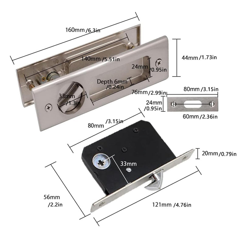 6.3' Privacy Pocket Door Lock Hardware with Double Barn Door Lock, Silver