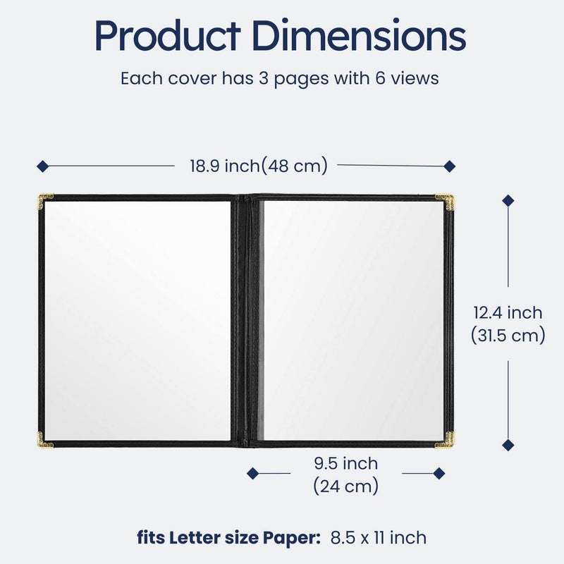 Flexzion Menu Covers 8.5 x 11 Inch - Book Style Menu Holders for Restaurant, Hotel, Cafe, Bar & Pubs - Transparent Clear Menu Covers with 3 Page 6 View, (30 Packs) Menu Folders with Gold Metal Corner 1 Pack