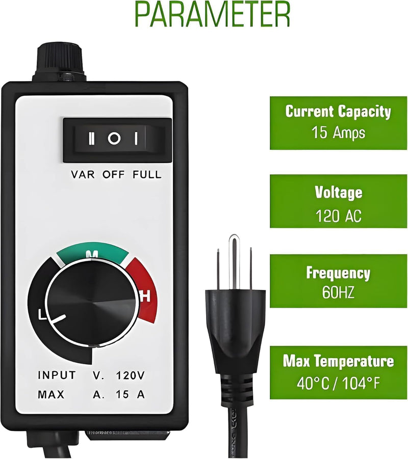 AC Motor Speed Controller 120V 15A Max Electronic Fan Speed Controller Variable Adjuster for Hydroponics Inline Duct Exhaust Ceiling Fans with 6' Long Cord