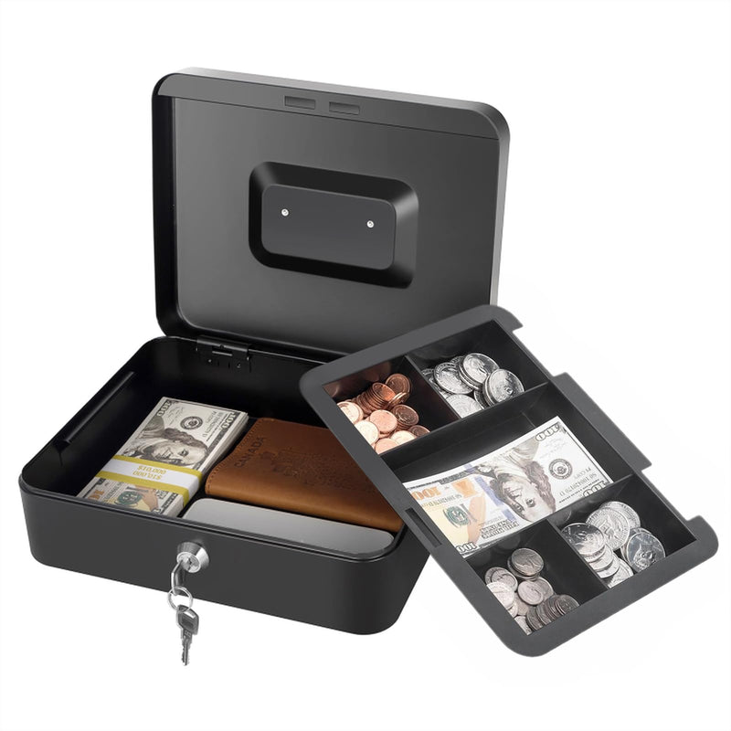 Cash Box with Lock and Money Tray Metal Money Box Large Cash Lock Box for Money 9.84" x 7.87" x 3.54" Black Black-Large