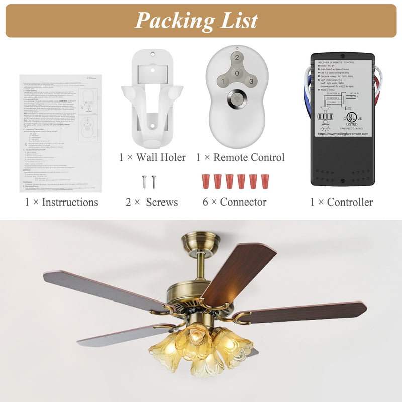 Universal Ceiling Fan Remote Control Kit, Compatible with Hunter, Harbor Breeze Hampton Bay, 3-Speed Control Fans with Dimmer, Remote Works with Hunter 99122 99123 99600 RC-05+5R