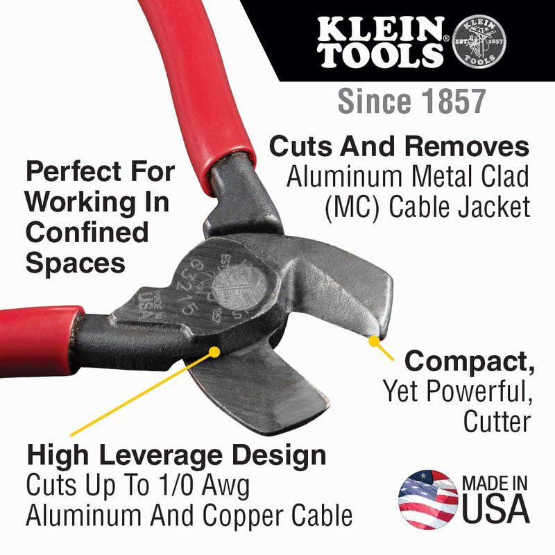 Klein Tools 63215 Cable Cutter, Made in USA, High-Leverage 6.5-Inch Compact, Forged From US Made Steel, Ideal for Cutting Aluminum and Copper Cable Compact Cutter