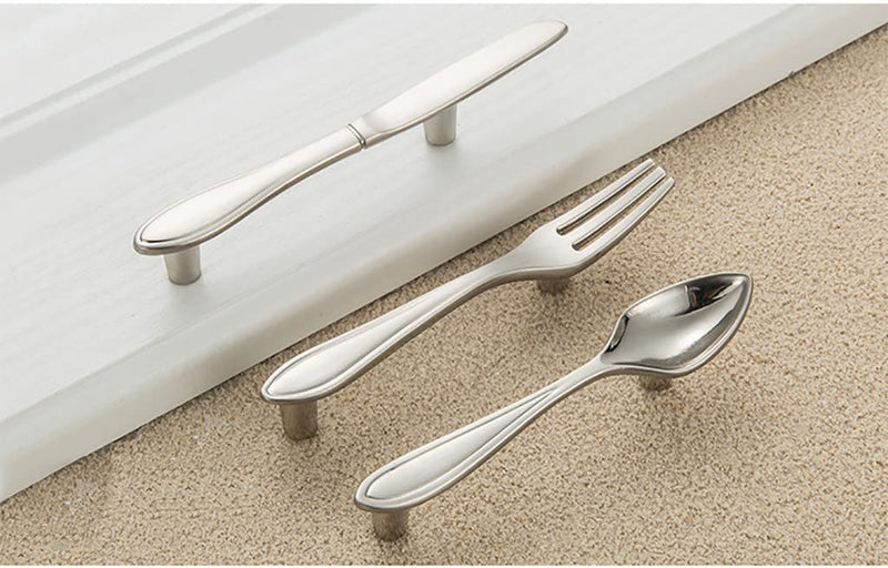 12Pcs Funny Cutlery Tableware Cabinet Pulls,Creative Spoon Fork Knife Shape 3" Hole Center Vintage Kitchen Cupboard Pulls Handles,Cute and Fun (Fork, Silver, 12Pcs)
