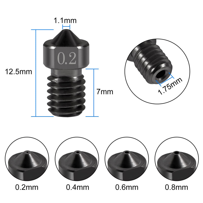 20PCS Hardened Steel Nozzle 0.2mm，0.4mm，0.6mm，0.8mm, Works with E3D V6 V5 Hotend Extruder Printer Ender3 E3D Hot End Titan Extruder Prusa i3 for 3D Printer 1.75mm Filament 20pcs Mix