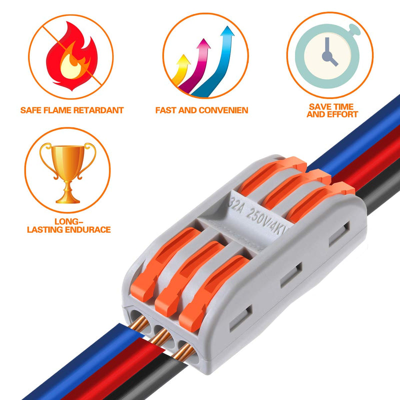 10pcs Conductor Compact Connectors Lever Wire Nut Electrical Connectors with Fixed Base for 3 Circuit Inline Splices 28-12 AWG 10 Pcs 3 series circuit