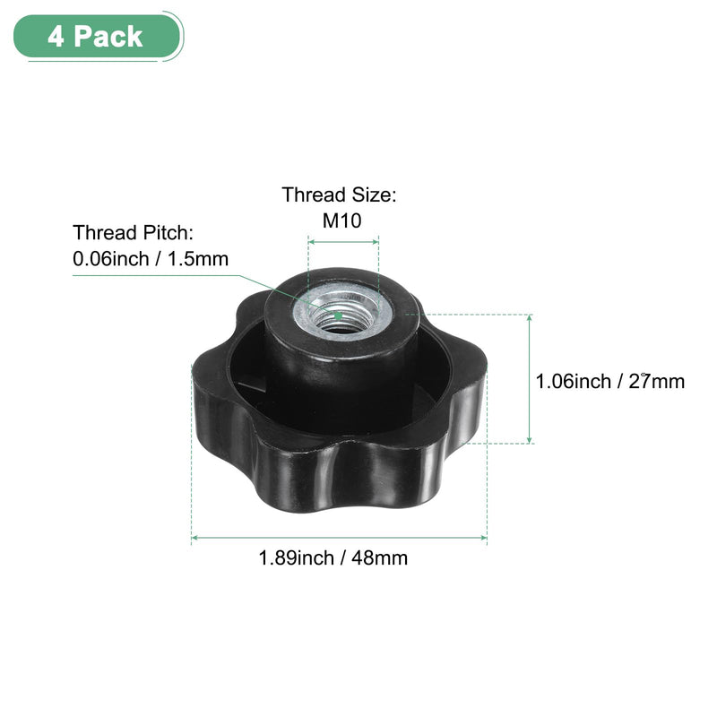 4-Pack 6 Star Knobs, M10 Female Thread 48mm Hexagon Head Through Hole Clamping Grip Handles for Machinery/Electronic/Woodworking, Steel Screw-On Threaded Knob [Black] 4