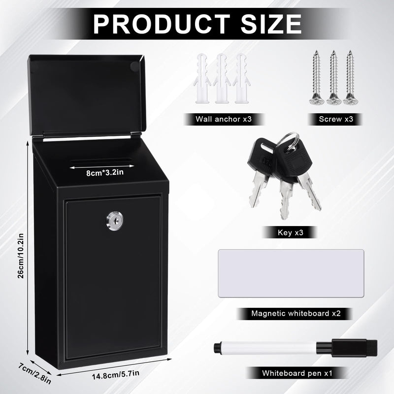 Metal Donation Box Charity Steel Collection Box Office Suggestion Secure Mailbox with Top Slot and Lock with Keys Wall Mount Waterproof Mailbox for Home Office (Black, 10.2 x 5.7 x 2.9 Inch) Black