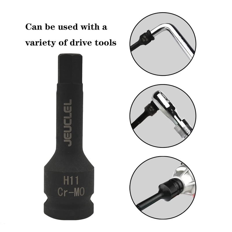 11mm Hex Impact Bit Socket, H11 1/2-Inch Impact Drive Allen Socket, Cr-Mo Steel Lengthen Hex Screwdriver Socket Adapter H11 11MM