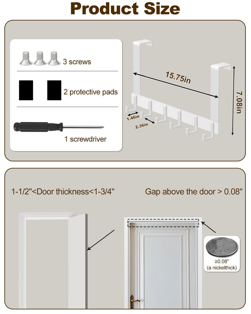 Over The Door Hooks, Sturdy Door Hanger, Large Over The Door Towel Rack with 6 Hooks, Heavy Duty Easy to Install, for Bathroom, Bedroom，Kitchen，Hanging Towels, Coats (White). 1 Pack White