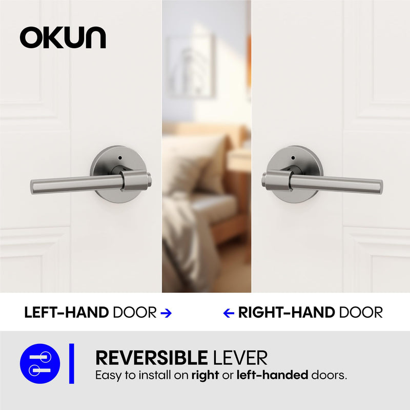 Okun Zen 1-Pack Brushed Nickel Privacy Door Levers – Push Button Lock, Reversible, Sleek Concealed-Mount Design for Bedroom & Bathroom 1 Pack