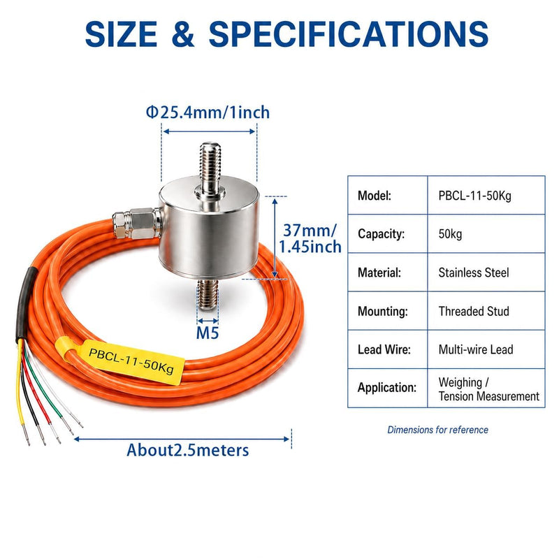 50kg Mini Load Cell Sensor for Tension Compression Testing | Compression Force Sensor 0.1% High Precision Stainless Steel Sensor 2.5m Cable Load Cell for Industrial Automation Testing