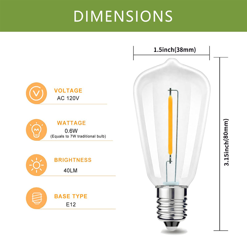 50 Pack ST38 Replacement LED Light Bulbs, 0.6W Equivalent to 7W, 40LM, Plastic, Warm White 2700K, Shatterproof Outdoor String Lights, E12 Base Vinatge LED Edison Bulbs for Patio, Non-Dimmable 50