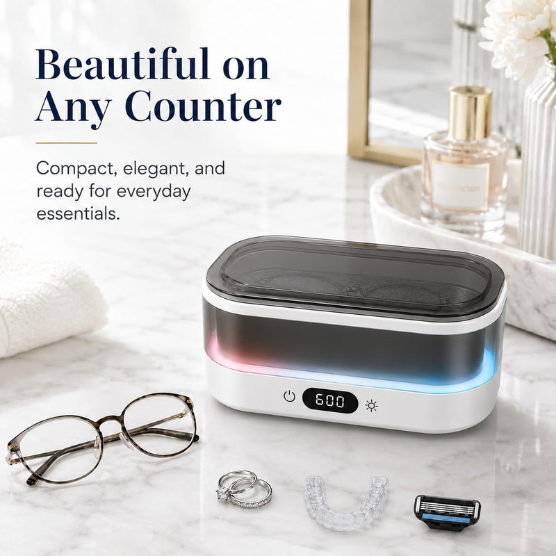 Ultrasonic Cleaner for Jewelry, Glasses & Retainers, 48kHz Sonic Cleaning Machine with 7-Color LED Ambient Light, Digital Timer, Quiet Deep Cleaner for Rings, Dentures & Watches（White） White