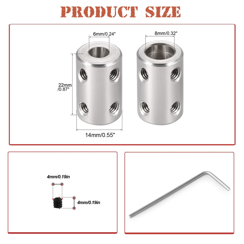 6mm to 8mm Bore Rigid Coupling Set Joint with Screw Wrench L22XD14 Stainless Steel,Shaft Coupler Connector for 3D Printers, Motor Accessories,2pcs 6mm to 8mm 2