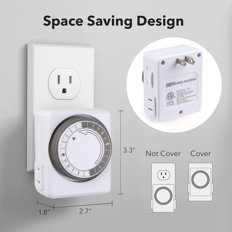HBN Indoor Timers for Lamps,24 Hour Mechanical Indoor Timer for Electrical Outlets,Dual Outlets,15 Minute Intervals,Light Timer for Indoor Lighting,Heavy Duty Daily Cycle,2 Prong,1-Pack 2-Prong,1 Pack