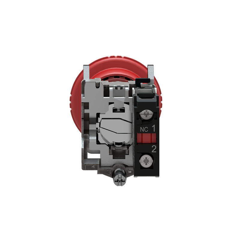 Schneider Electric XB4BS8442 Emergency Switching Off Push Button Switch for Industrial Machinery, Chromium Plated Metal Bezel, Fits 22mm Diameter Cutouts, Trigger Latching Turn to Release, 1NC