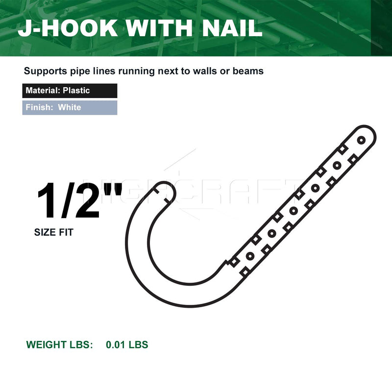 PXJHNG012-10 PEX Support J-Hook Hanger with Nails for 1/2 in. Pipe, Rope, Cable Hard Plastic (10 Pack), White 1/2 in.