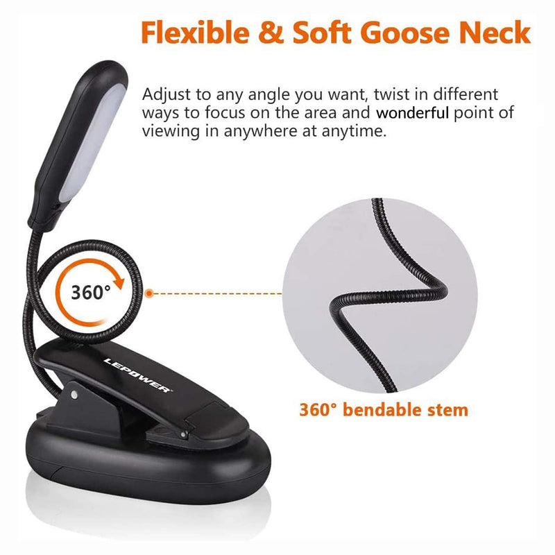 LEPOWER Clip on Book Light/Reading Light/Clip Light with 5 LED Eye Care, 3 Color Changeable, Portable Reading Lamp, Battery & USB Operated, Bed Light for Kids, Bookworms, Students(Black) Black