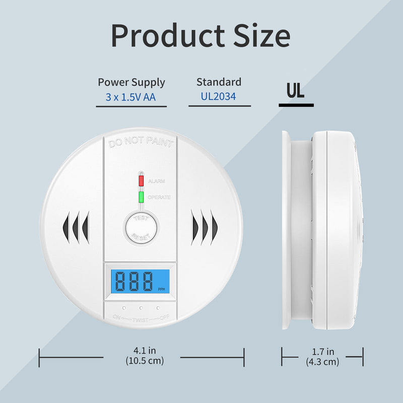 Carbon Monoxide Detectors,CO Detector Battery Powered,Carbon Monoxide Alarm with Sensitive CO Sensor,LCD Display and Sound Warning,Complies with UL 2034 Standards 1 Pack