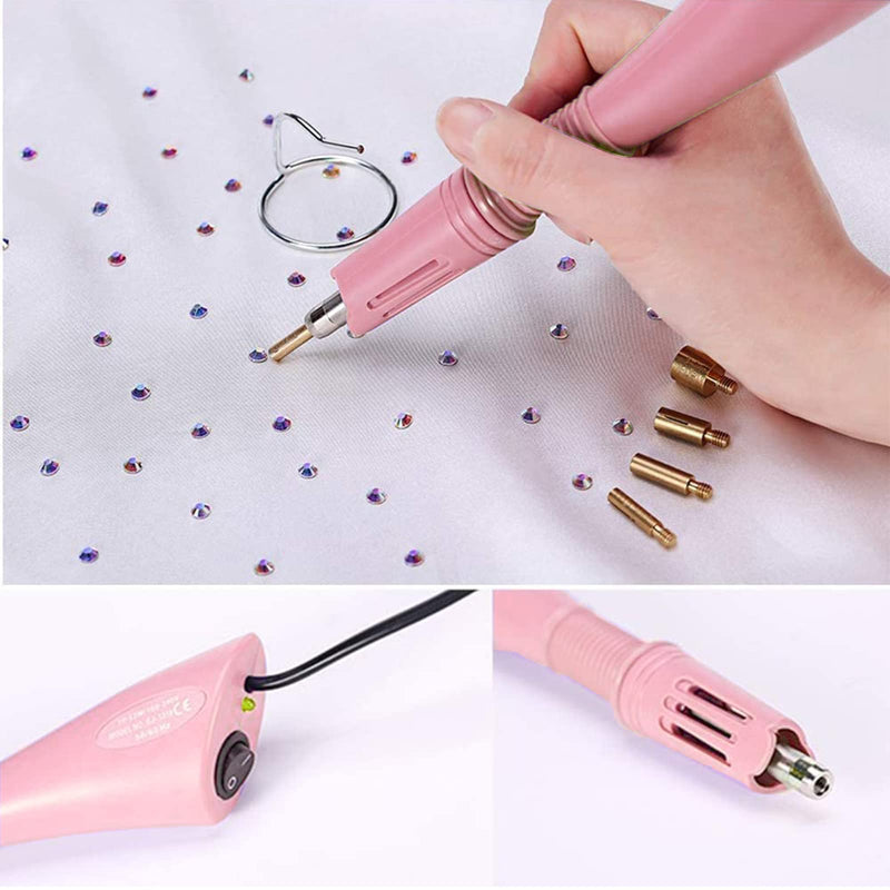 Hotfix Rhinestone Applicator, 7 in 1 Professional Iron-on DIY Hot Fix Tool Rhinestone Setter Applicator Wand Crystal Gem Tool Kit with 7 Different Sizes Tips, Support Stand (Pink) Pink