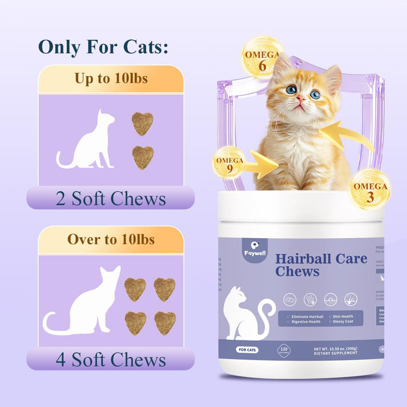 Hairball Care Chews Supplement for Cats, Psyllium Seed and Vitamins Support Hairball Issues and Digestive Health, 120ct/300g
