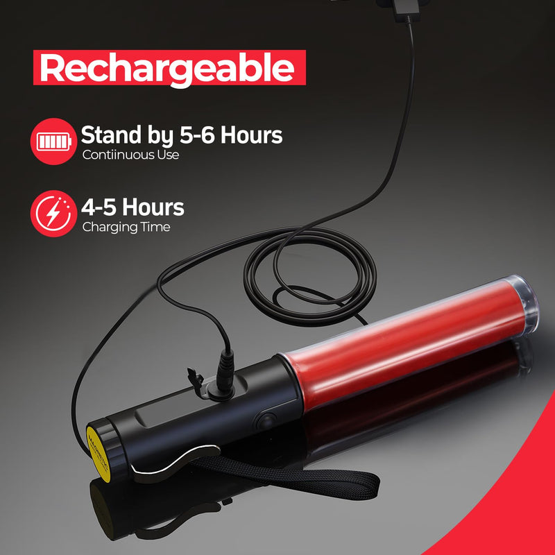 Traffic Wand Rechargeable, 10 Inch Traffic Control Baton Light with 2 Flashing Modes and 1 White LED on Top, Air Marshaling Signal Wand with Side Clip for Airport, Parking, Car Directing, 1 Pack Red