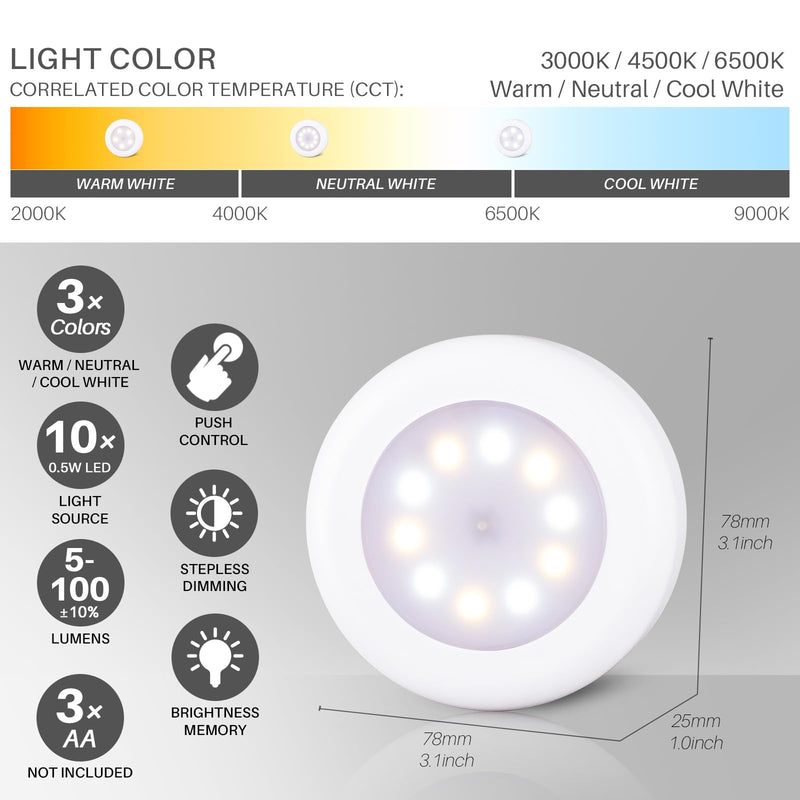 STAR-SPANGLED 4 Pack 3.1” Dimmable Push Tap Lights, Stick on LED Touch Puck Lights AA Battery Operated, 3 Color Modes Sticky Button Lamps for Classroom, Kitchen, Under Cabinet, Closet 3 Color Modes & Dimmable