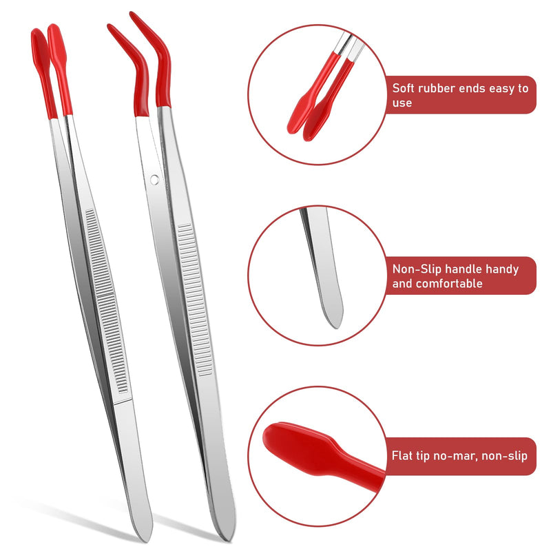 Rubber Tipped Tweezers, 2 Pcs PVC Coated Precision Tweezers Hobby Craft Tweezers Set, Long Bent and Straight Flat Tip Tweezers for Crafts Stamps Coin Beads Jewelry Industrial Electronic Lab (Red)