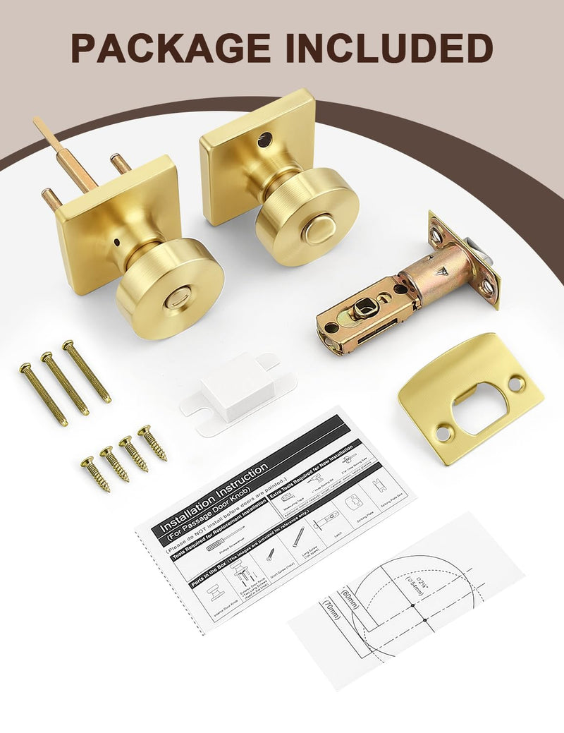 Tinewa 1 Pack Gold Interior Privacy Door Knob with Lock, Brushed Brass Bedroom Door Locks, Keyless Privacy Door Handle Locks, Zinc Alloy Heavy Duty Door Knobs on Square Rose