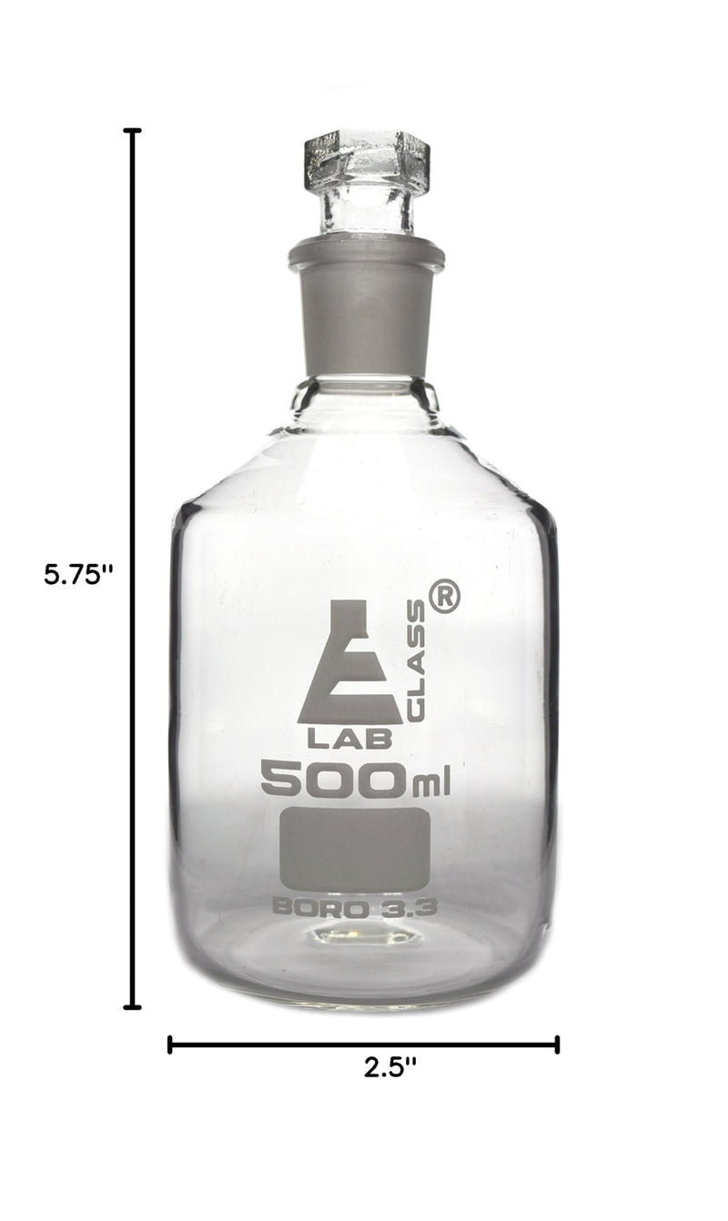 EISCO Reagent Bottle, Borosilicate Glass, Narrow Mouth with Interchangeable Hexagonal hollow glass Stopper - 500ml Labs