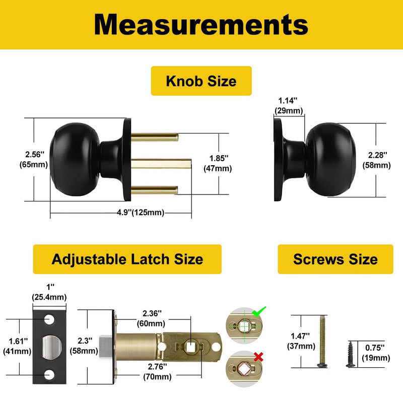 CML Hardware (4 Pack) Passage Door Knob, Matte Black Interior Door Lock Set for Hallway or Closet, No Locking, Round Ball Handle 4 Pack Passage Knob