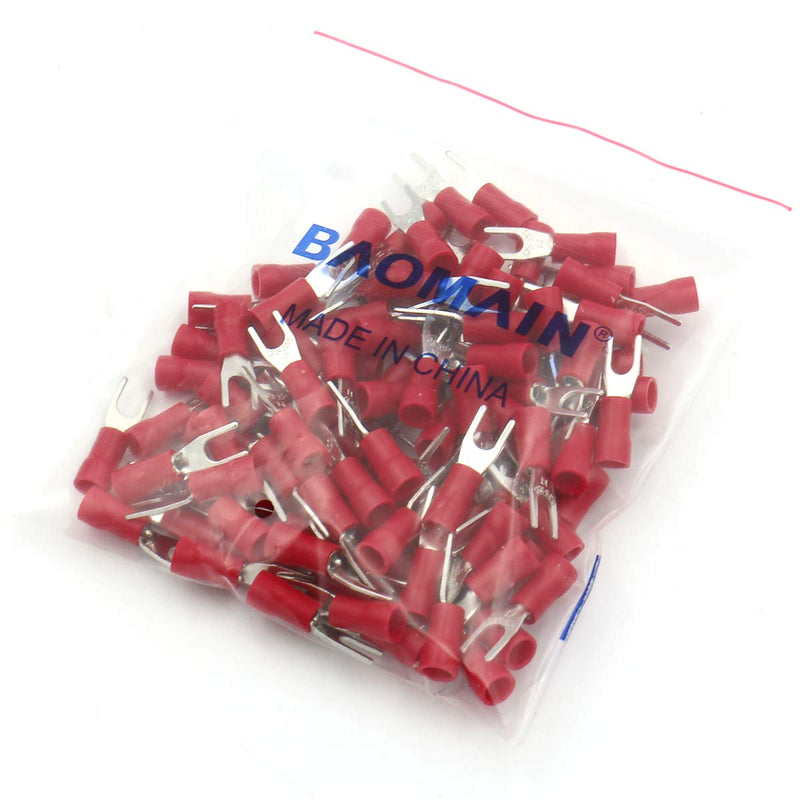 Baomain SV1.25-3.5S Insulated Stud Size #6 Size Fork Terminal 22-18 Gauge Red (100PCS) 100