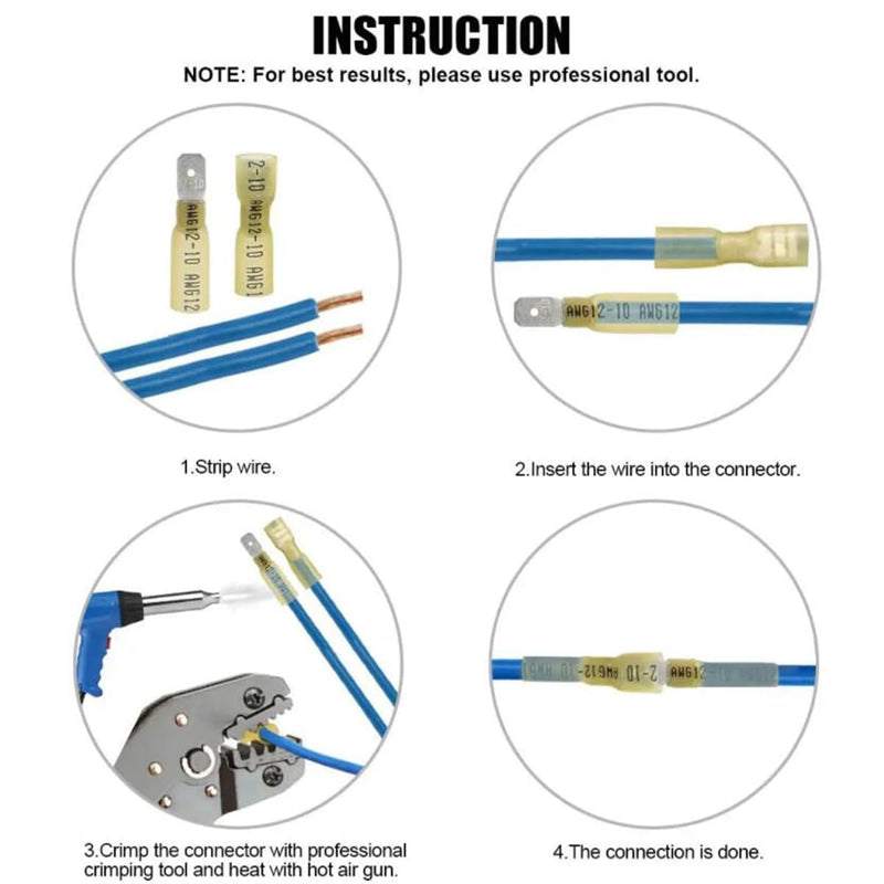 100PCS Heat Shrink Female/Male Connectors Kit,Insulated 22-10AWG Spade Crimp Terminals,Quick Disconnect Connectors for Marine 100PCS(40PCS Red + 40PCS Blue + 20PCS yellow)