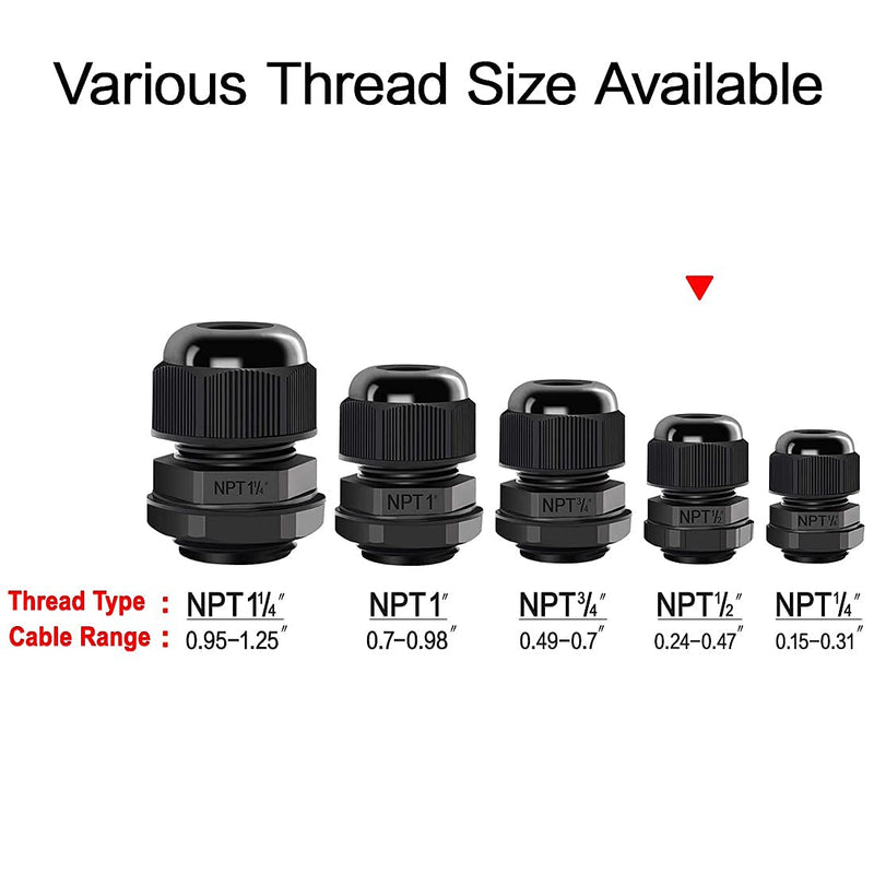 LeMotech 5 Pack NPT 1/2" Cable Glands Waterproof Adjustable 6-12mm Cable Connectors Black Nylon Joints with Gaskets 1/2inch 5-pack