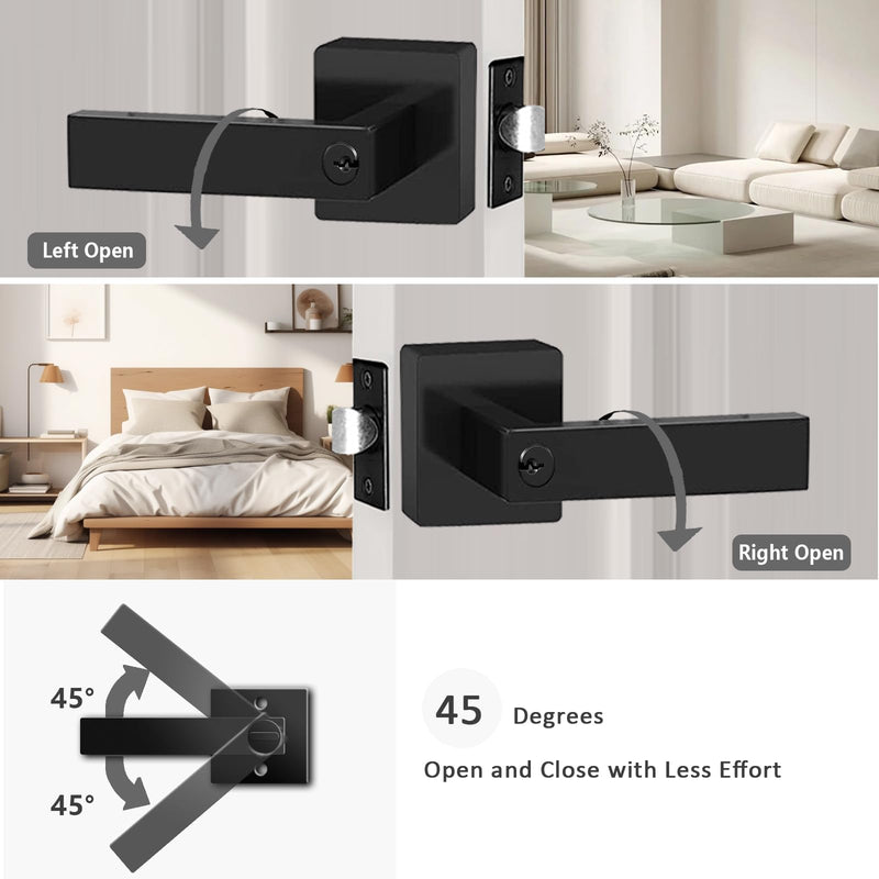 Matte Black Door Handle Heavy Duty, Keyed Alike Entry Door Lever, Door Knobs with Lock and Key, Square Door Lever for Bedroom, Bathroom and Front Door 1 Pack Matte Black