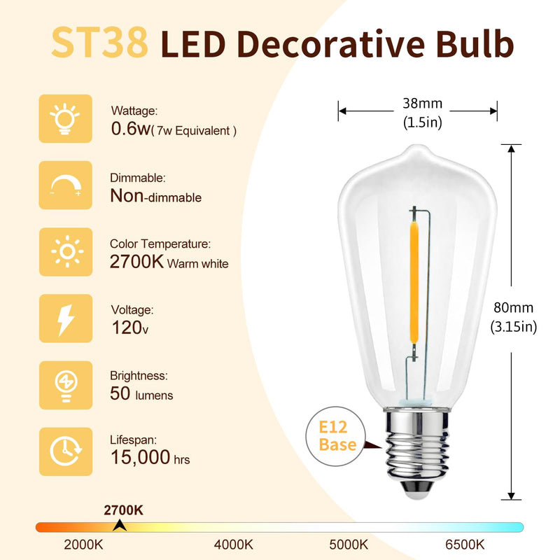 50 Pack ST38 Replacement Light Bulbs, Shatterproof Edison LED Bulbs Fits E12 Candelabra Base, 0.6W Equivalent to 7W Incandescent Bulb, 2700K Warm White Bulbs for Indoor Outdoor Patio String Lights 50pack