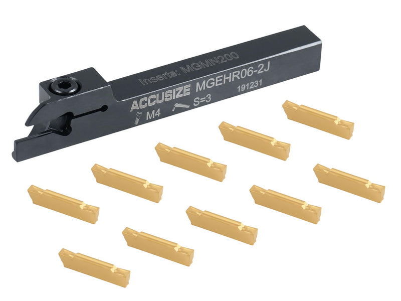 Accusize Industrial Tools 3/8" x 3/8'' Cut-Off Holder, Parting Tool, Mgehr06-2 of 2387-2003 with 10 Carbide Inserts for Cutting Steel, 2387-0003ins | For Steel, MGMN200 Inserts Included, 1 Indexable Holder Plus 10 Carbide Inserts, 2387-0003INS