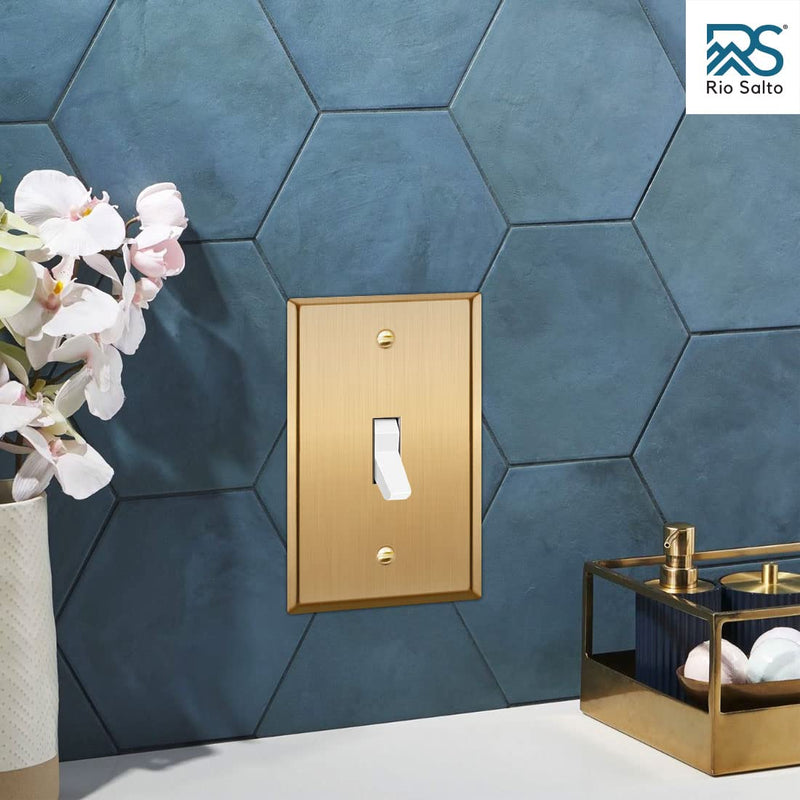 Rio Salto BRASS Metal Gold Toggle Light Switch Cover Wall Plate Single Toggle Switch Wallplate Decorative Gold 1 Gang Wall Switch Plate Covers Hardware Included Brushed Brass - Standard Size Toggle Switch 1-Gang (1-Pack)