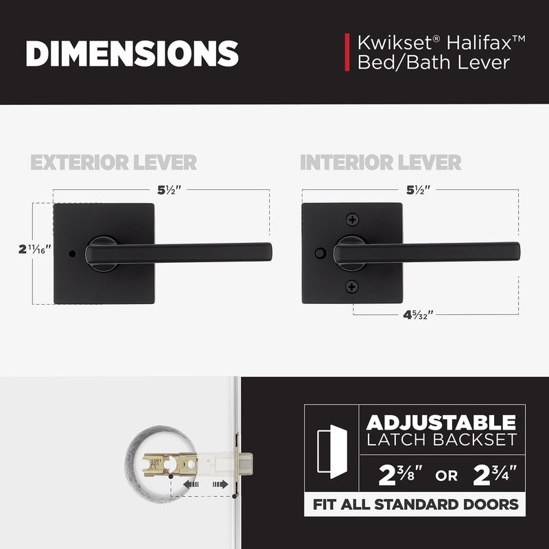 Kwikset Halifax Interior Privacy Door Handle with Lock, Door Lever For Bathroom and Bedroom, Matte Black Reversible Keyless Push Button Lock Door Lever, with Microban Protection, Square Rose 1 Pack