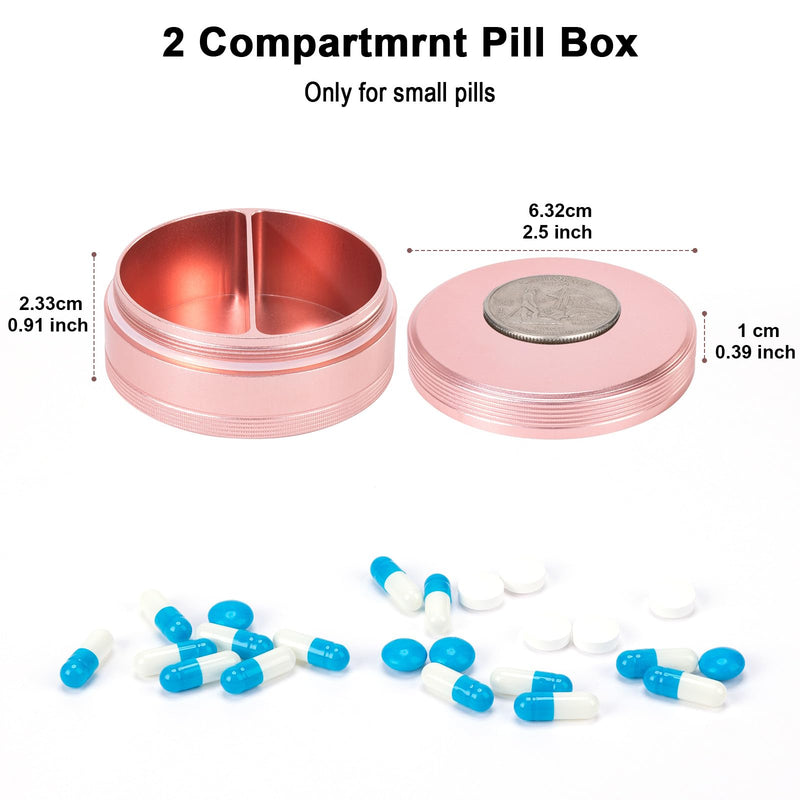 Metal Pill Case 2 Compartment - Waterproof Pill Box for Daily Travel, Pocket Purse Pill Container Holder Compact Medicine Organizer for Vitamins Fish Oils Medication Pink