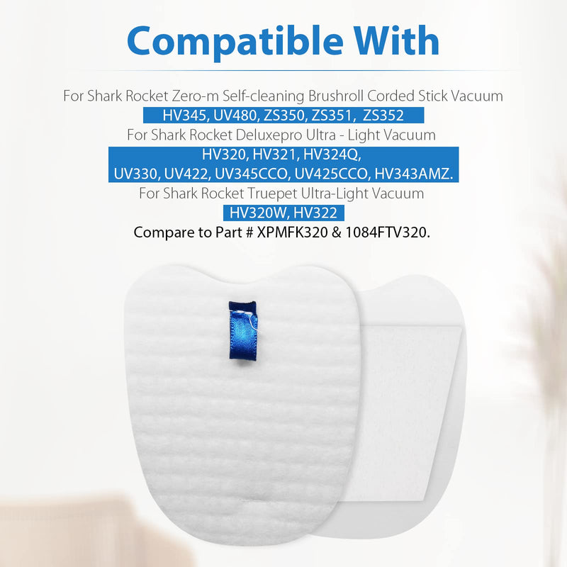 Vacuum Replacement Filters for Shark Rocket Vacuum HV345 HV343AMZ ZS350 ZS351 ZS352 HV320 HV321 HV322 HV324Q HV345 HV401, 4 Foam&Felt Filters + 4 Post-Filters, Part # XPMFK320&1084FTV320 4 Pack
