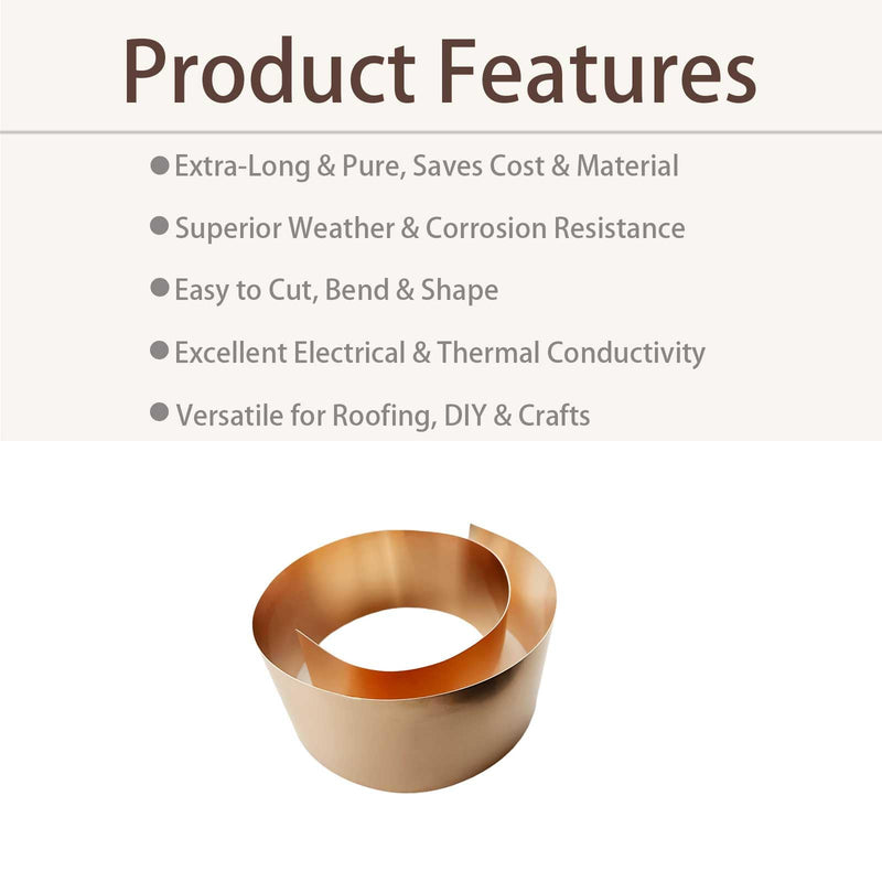 99.9% Pure Copper Sheet Roll, 1m x 100mm x 0.5mm Copper Strip, Metal Foil for Roof Flashing, Electrical Projects, DIY Crafts (1 Roll) 1000 x 100 x 0.5 mm 1