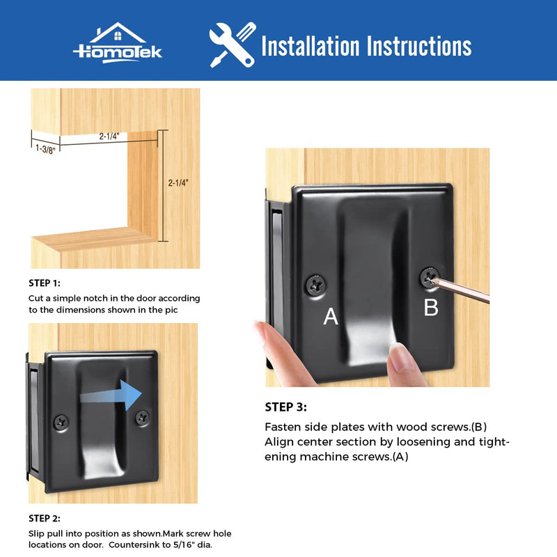 HOMOTEK Passage Sliding Door Pull Black Without Switch Plate- Replace Old Or Damaged Pocket Door Pull Quickly and Easily, 2-3/4”x2-1/2”, for 1-3/8” Thickness Door 1 Pack No Lock-Black