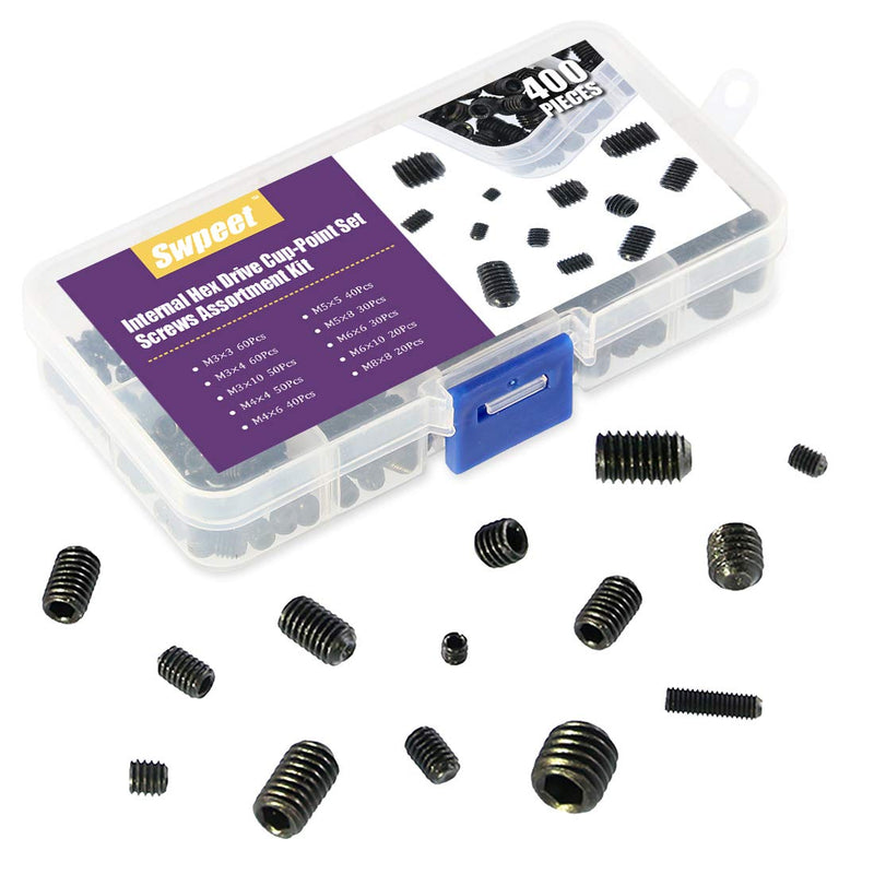 Swpeet 400Pcs Allen Head Socket Hex Grub Screw Assortment Kit, Including 10 Sizes M3/4/5/6/8 Internal Hex Drive Cup-Point Set Screws for Door Handles, Faucet, Light Fixtur - NewNest Australia