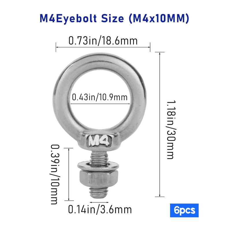 6 Pack Eye Bolts with Nuts M4 Screw Eyebolt Stainless Steel Heavy Duty Eye Bolt M4 Male Screw Thread Ring Shoulder Eyebolts