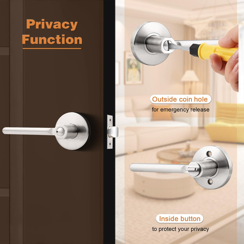 Probrico Privacy Door Handles for Bedroom and Bathroom Satin Nickel Privacy Door Handle Lever, Keyless Interior Door Handles Bed Bath Door Lockset, 3 Pack