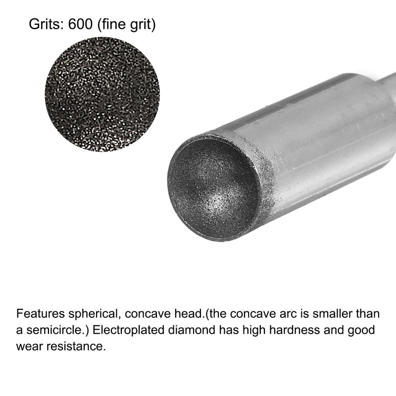 uxcell Diamond Grinding Mounted Point, 10mm 600 Fine Grits Spherical Concave Head Bead Coarse Grinding Bit for Jade Amber Stone Beeswax Glass