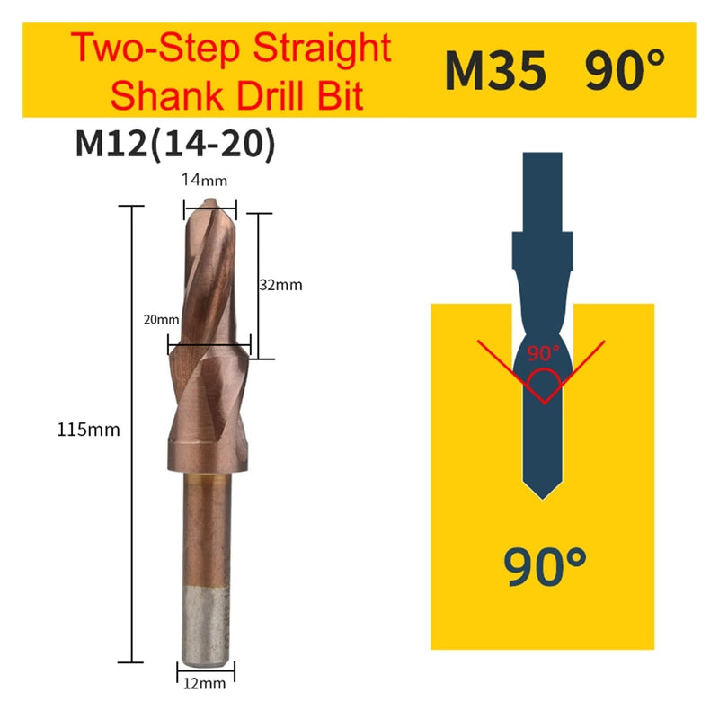 M35 HSS-CO Cobalt Two Stage Step Drill Bit Screw Counterbore Twist Countersink Drill for Stainless Drilling and Chamfering M12 90