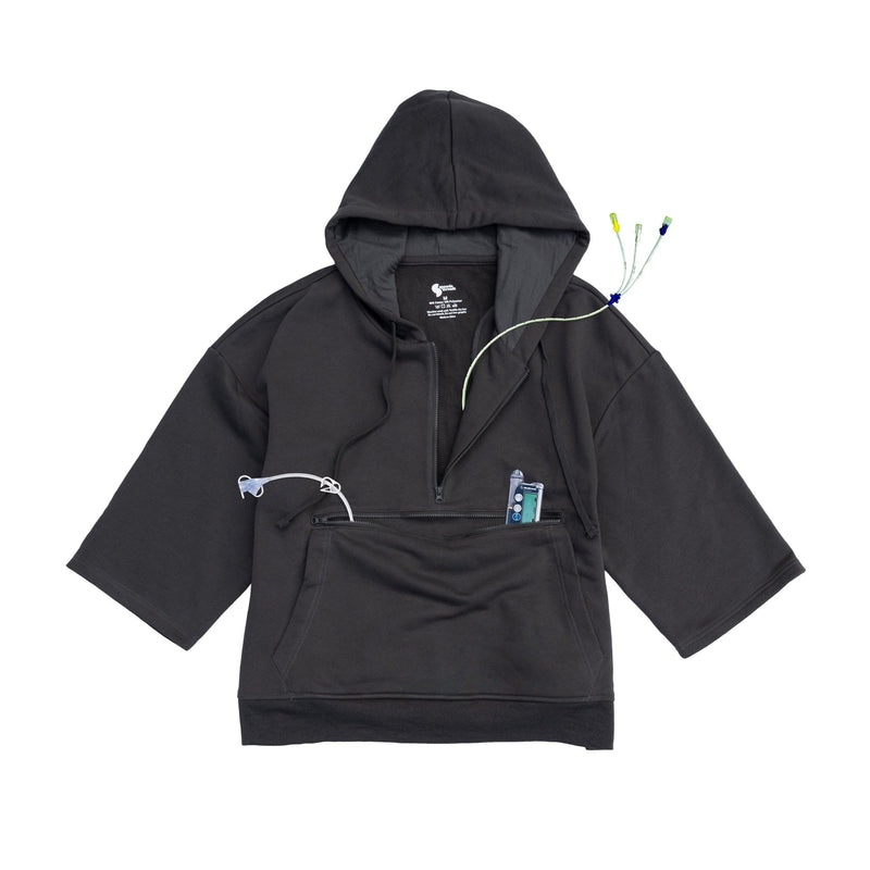 Spoonie Threads Adult 3/4 Sleeve Half-Zip Access Hoodie for Chest Port, Abdomen, Chemo, Insulin Pumps, & Post-Surgery X-Large Black