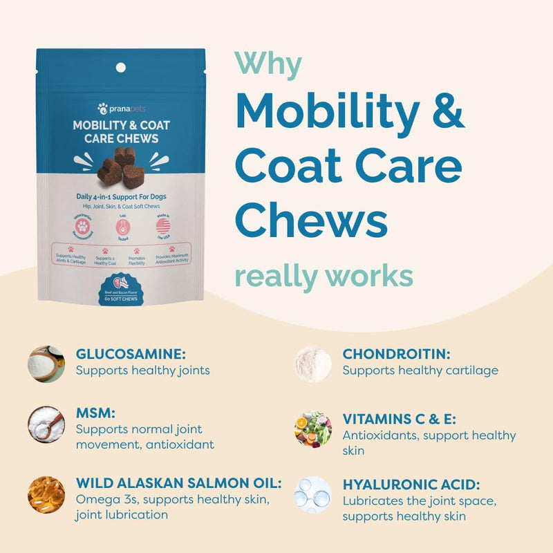 PranaPets Mobility & Coat Care Chews for Dogs & Puppies | Joint Supplement | Skin & Coat Health | Beef & Bacon Flavor